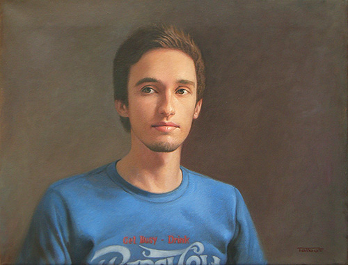 A photograph of an oil painting depicting a man with short, dark hair in a blue t-shirt glancing away from the viewer