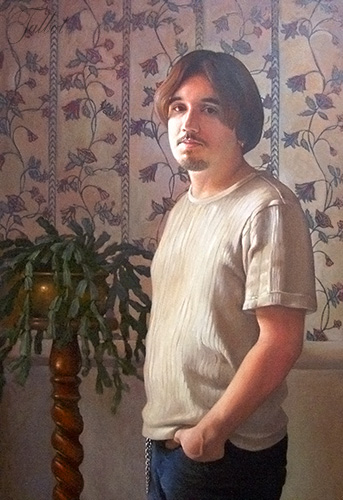 A photograph of an oil painting depicting a man with shoulder-length dark hair and a white shirt standing next to a plant stand